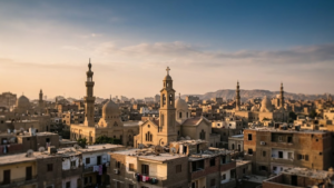 Coptic Christian church and mosque in Cairo, Egypt, illustrating religious diversity and minority rights.