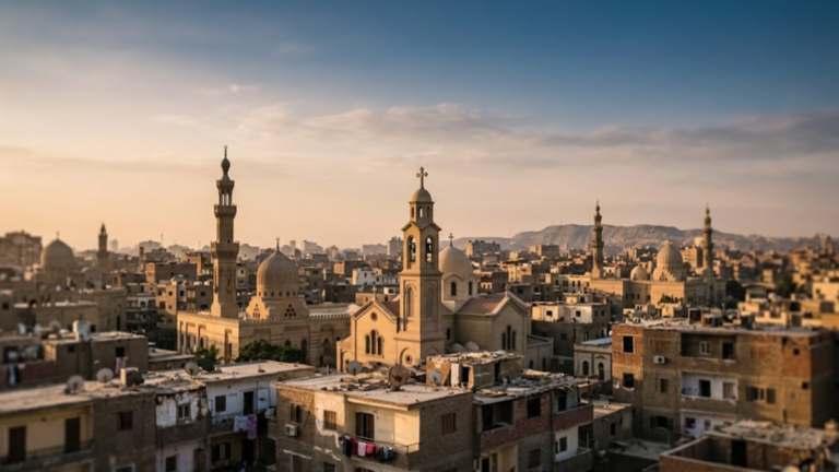 Coptic Christian church and mosque in Cairo, Egypt, illustrating religious diversity and minority rights.