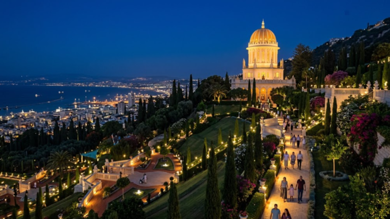 Illuminated Bahá’í Gardens and the Shrine of the Báb at night in Haifa, Israel.