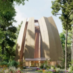 Architectural visualization of Canada’s proposed national Bahá’í House of Worship in Markham, Ontario, featuring nine curved panels surrounded by woodland.