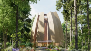 Architectural visualization of Canada’s proposed national Bahá’í House of Worship in Markham, Ontario, featuring nine curved panels surrounded by woodland.