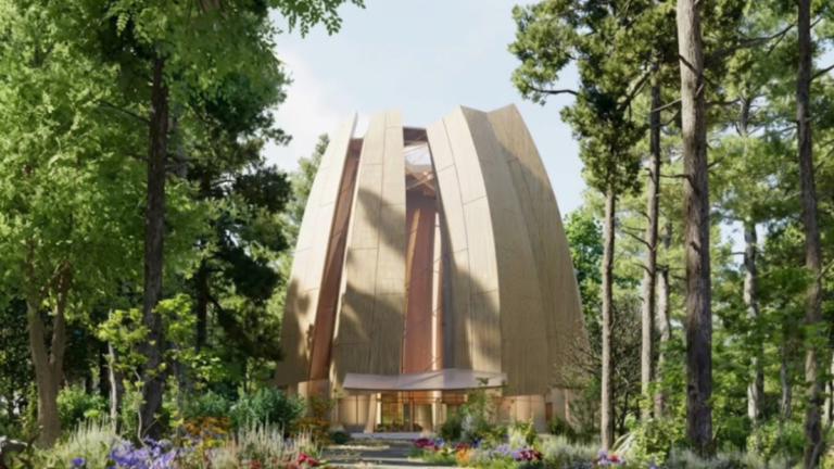 Architectural visualization of Canada’s proposed national Bahá’í House of Worship in Markham, Ontario, featuring nine curved panels surrounded by woodland.